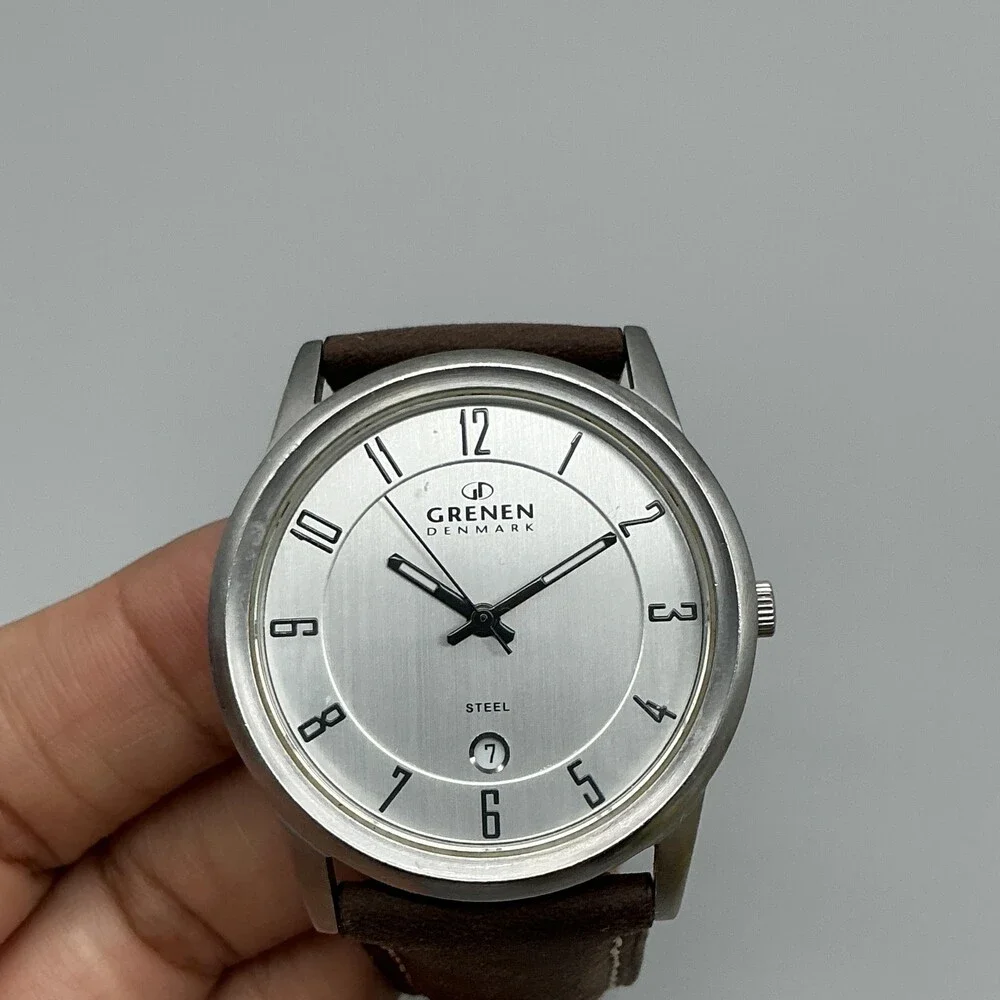 Grenen Denmark Mens Watch 38mm Silver Tone Leather Date L-24XLSLB New Battery